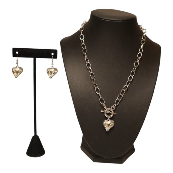 Silver Heart Pendant Necklace & Earrings Set With Toggle Clasp - Picture 1 of 7